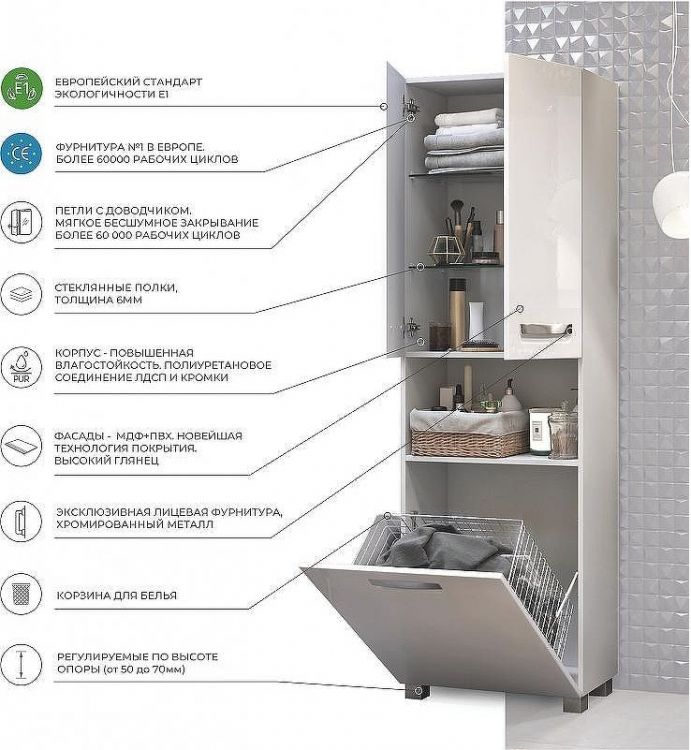 Шкаф пенал Vigo Plaza 60 pn.PLA.60 с бельевой корзиной Белый