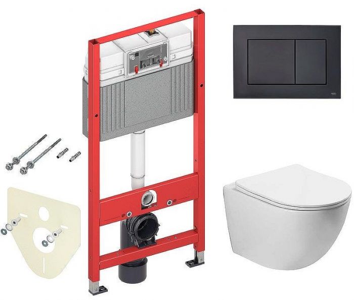 Комплект унитаза Vincea Globo VT1-14S с инсталляцией Tece Now 9400414 с сиденьем Микролифт и Черной матовой клавишей смыва