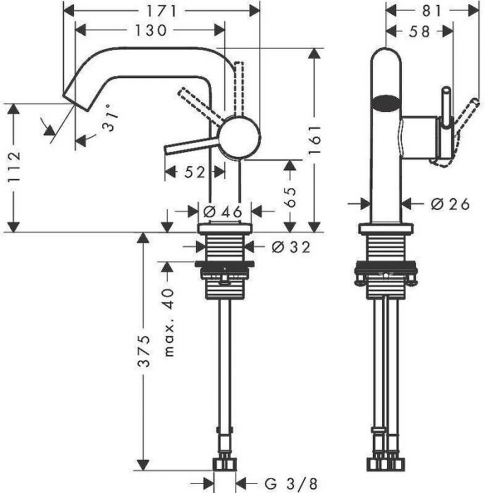 Смеситель для раковины Hansgrohe Tecturis S 73320140 Шлифованная бронза