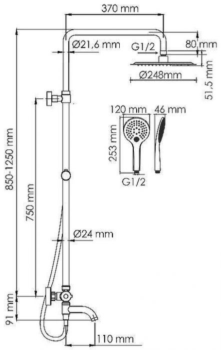 Душевая система WasserKRAFT A188.257.155.WM Thermo с термостатом Белая матовая