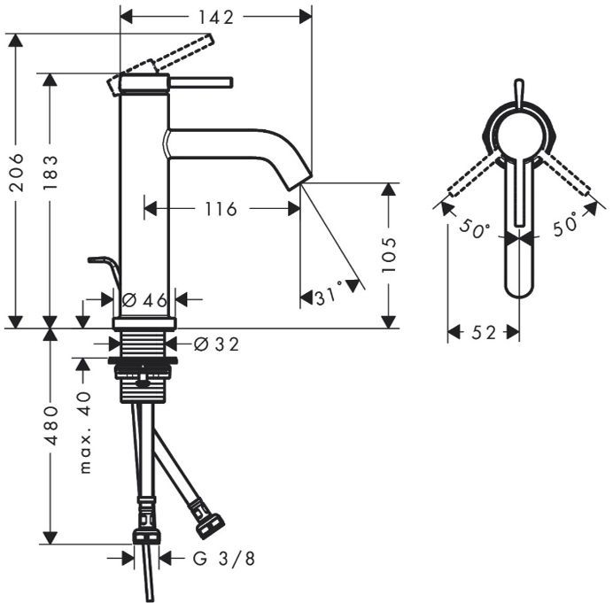 Hansgrohe Tecturis S Смеситель для раковины, 1 отв., с донным клапаном, цвет: белый матовый