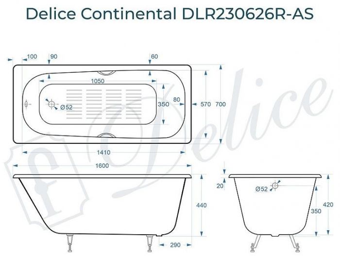 Чугунная ванна Delice Continental 160х70 DLR230626R-AS с отверстиями под ручки с антискользящим покрытием
