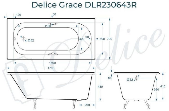 Чугунная ванна Delice Grace 170х70 DLR230643R с отверстиями под ручки без антискользящего покрытия