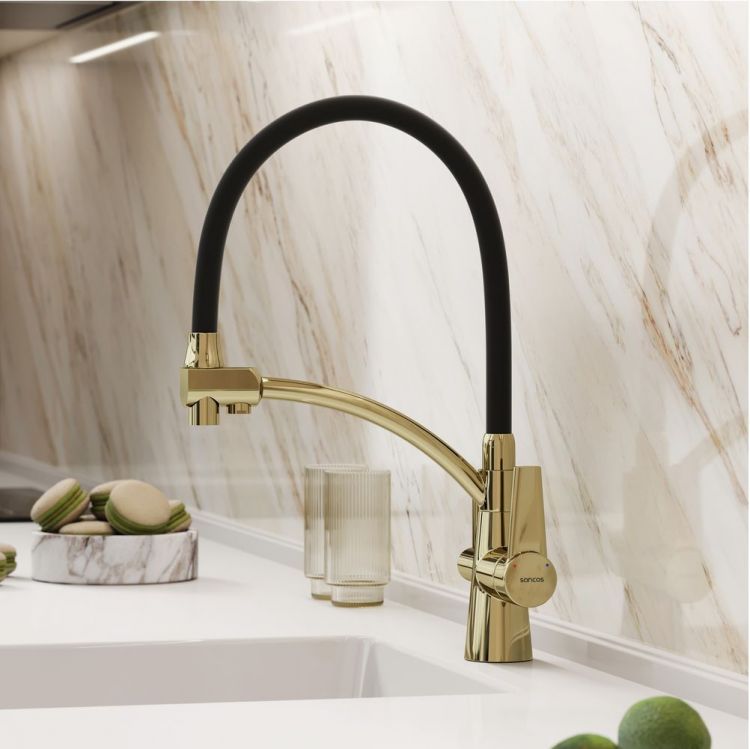 Смеситель для кухни Sancos Eri с гибким изливом, цвет полированное золото/черный, SC4001ZG Смеситель для кухни Sancos Eri с гибким изливом, цвет полированное золото/черный, SC4001ZG