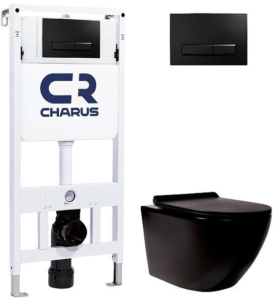 Комплект унитаза с инсталляцией Charus SET.121BT.DW.5 цвет Черный матовый с сиденьем Микролифт и клавишей смыва цвет Черный матовый