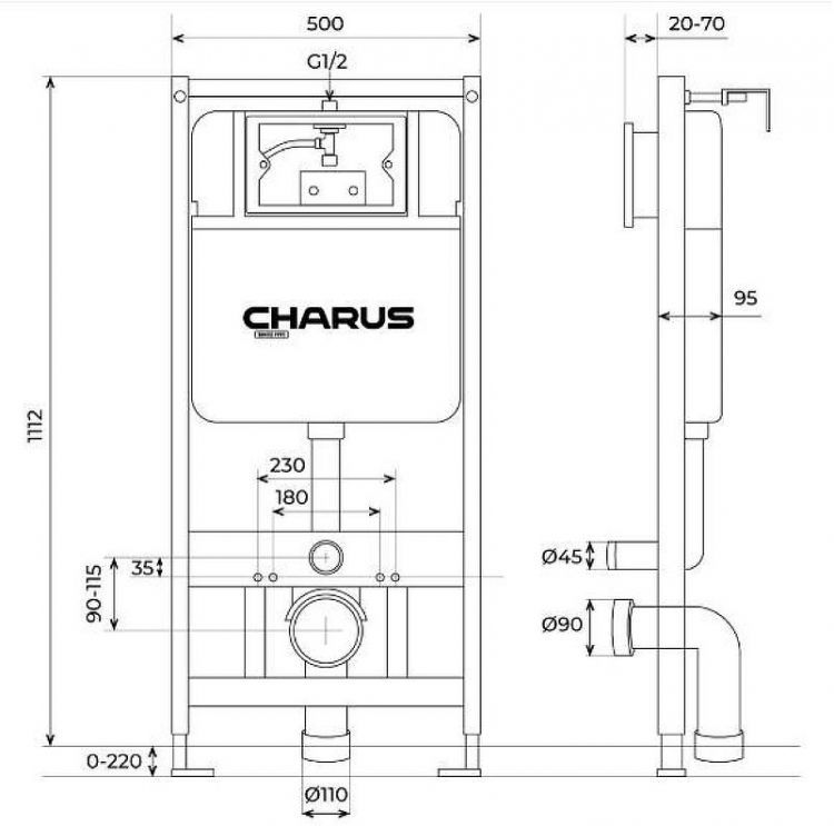 Комплект унитаза с инсталляцией Charus SET.121BT.DW.5 цвет Черный матовый с сиденьем Микролифт и клавишей смыва цвет Черный матовый