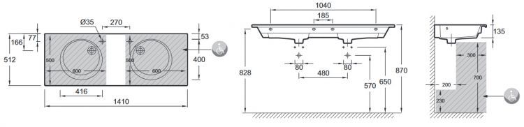 Двойная раковина Jacob Delafon Odeon Rive Gauche EXAS112-00, 140x51 см