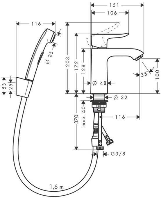 Hansgrohe Metris Смеситель для раковины, на 1 отв., с гигиеническим душем (комплект: шланг: 160см, кронштейн, лейка), цвет: хром
