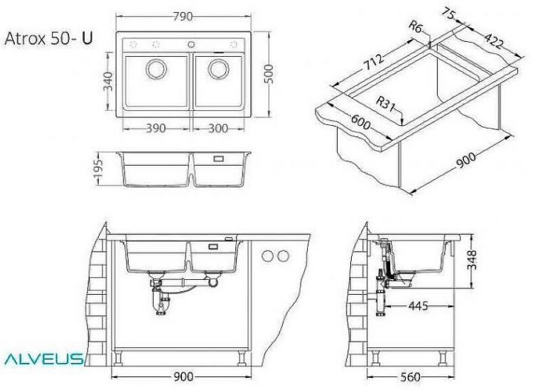 Кухонная мойка Alveus Granital Atrox 50 Concrete G81 790x500 1132001 Бетон
