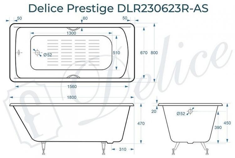 Чугунная ванна Delice Prestige 180х80 DLR230623R-AS с отверстиями под ручки с антискользящим покрытием