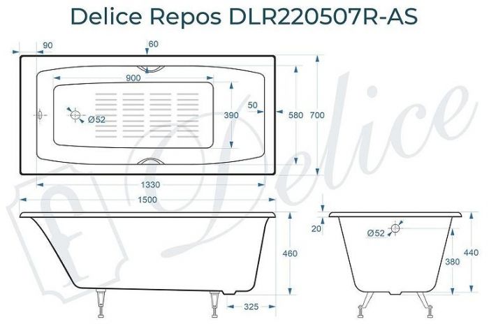 Чугунная ванна Delice Repos 150х70 DLR220507RB-AS с черными матовыми ручками с антискользящим покрытием