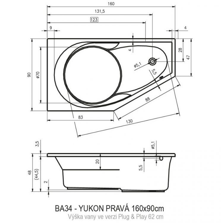 Акриловая ванна RIHO Yukon Plug&Play 160x90, правая, BD7400500000000 Акриловая ванна RIHO Yukon Plug&Play 160x90, правая, BD7400500000000