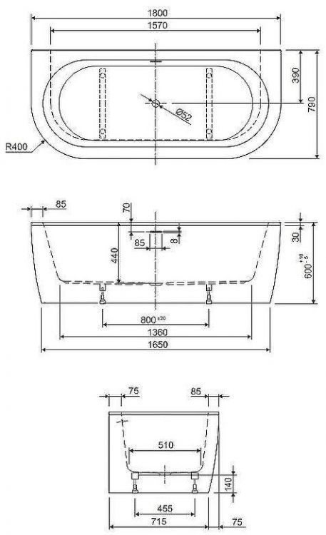 Акриловая ванна Cezares Slim 180x79 SLIM WALL-180-80-60-NERO-SET без гидромассажа