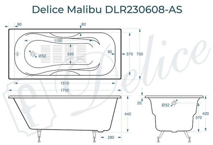 Чугунная ванна Delice Malibu 170х70 DLR230608-AS без отверстий под ручки с антискользящим покрытием