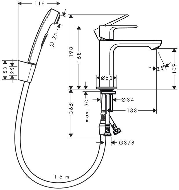 Hansgrohe  Rebris S Смеситель для раковины 110, с гигиеническим душем, цвет: черный матовый