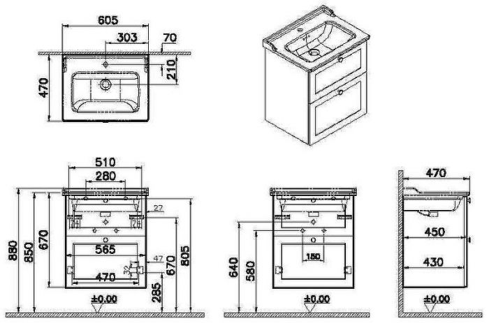 Тумба с раковиной Vitra Root Classic 60 68848 подвесная Белая матовая