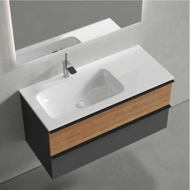 Тумба подвесная SANCOS под раковину левая Delta, Дуб красный/графит 995х445х500, DL100LGR