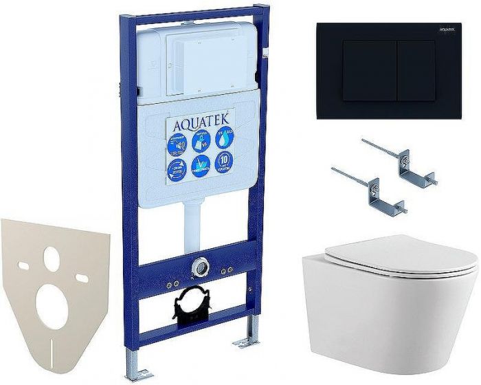 Комплект унитаза с инсталляцией Aquatek Set Aquatek Вега-012 4в1 с сиденьем Микролифт и Черной матовой клавишей смыва