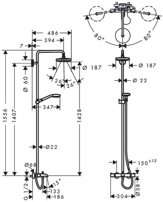 Hansgrohe Croma Select S 180 SHP Душевая система, верхний душ 187мм, с ручным душем и смесителем, цвет: белый/хром