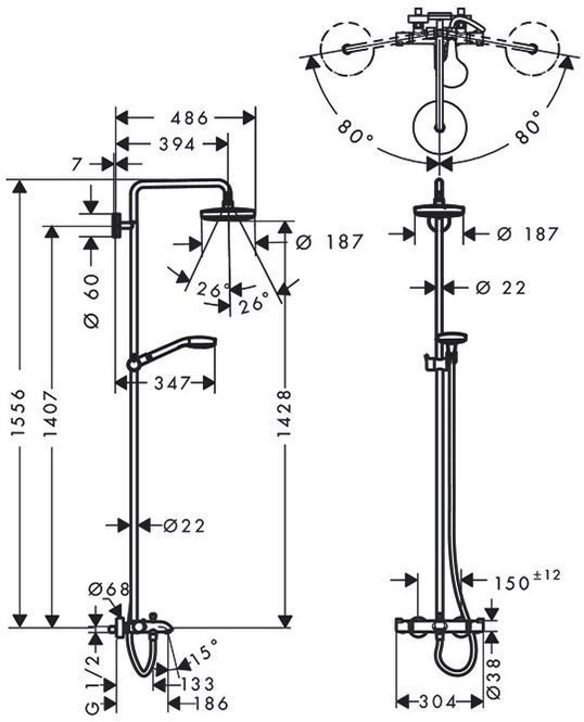 Hansgrohe Croma Select S 180 SHP Душевая система, верхний душ 187мм, с ручным душем и смесителем, цвет: белый/хром