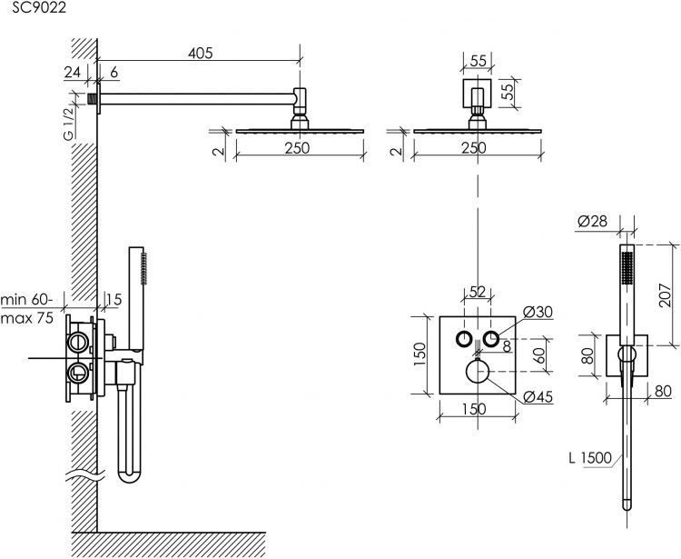 Душевой комплект с термостатом SANCOS Linn, с внутренней частью, черный матовый, SC9022MB Душевой комплект с термостатом SANCOS Linn, с внутренней частью, черный матовый, SC9022MB