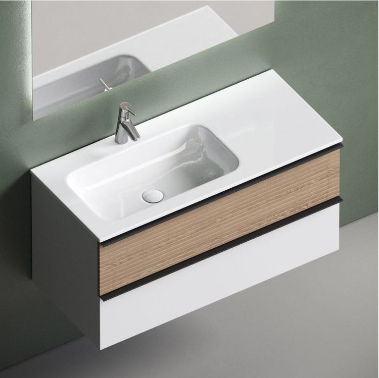 Тумба подвесная SANCOS под раковину левая Delta, Дуб светлый/белый 995х445х500, DL100LW