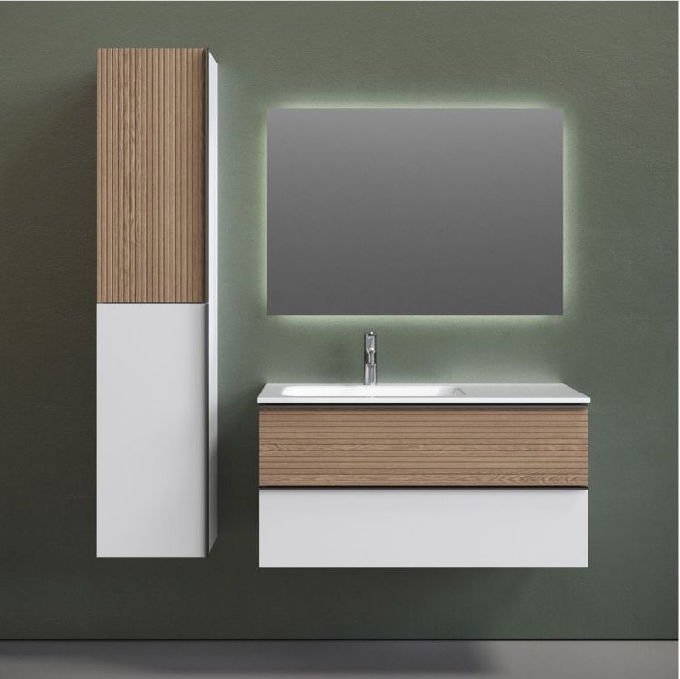 Тумба подвесная SANCOS под раковину левая Delta, Дуб светлый/белый 995х445х500, DL100LW