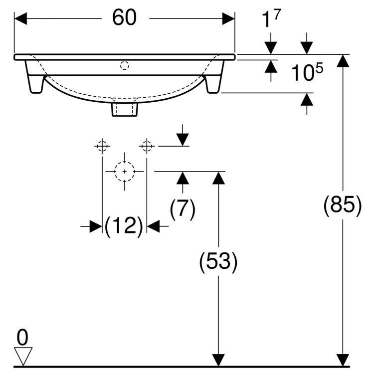 Раковина Geberit Renova Plan Slim 60х48 см, с отв. под смеситель, с переливом [122260000]