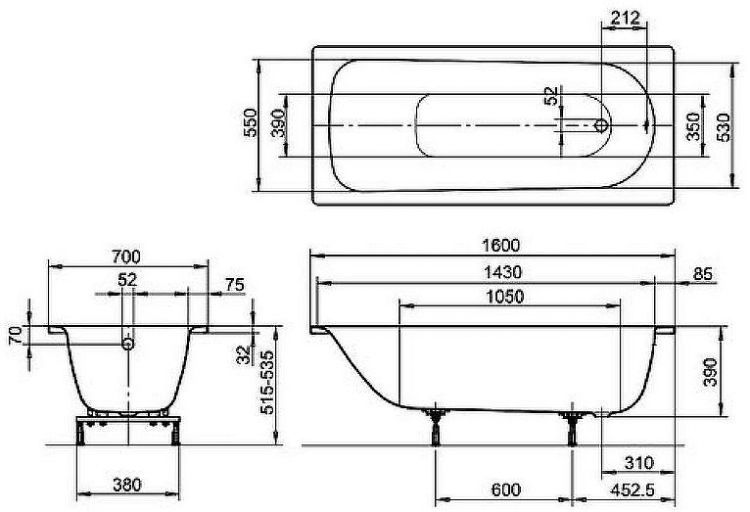 Стальная ванна Kaldewei Eurowa 311 160x70 119712030001 без отверстий под ручки