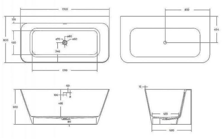 Ванна из искусственного камня Cezares Liner 170x80 CZR-LINER-170-80-60-SSB Белая матовая без гидромассажа