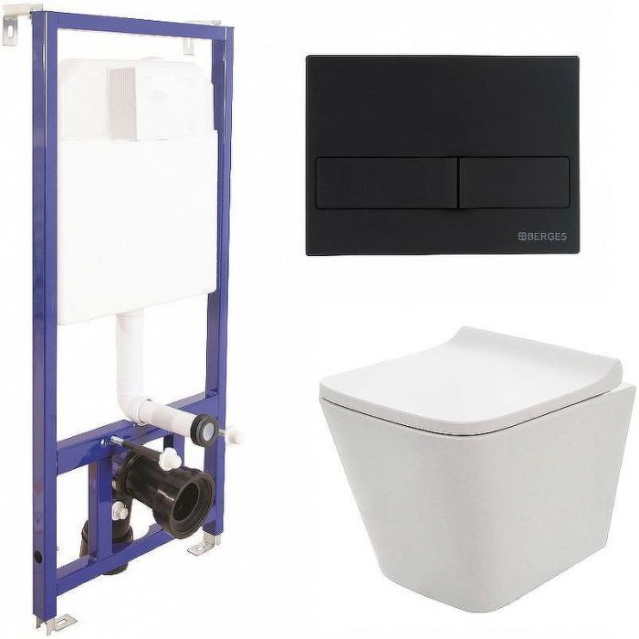 Комплект унитаза AQUAme AQM2004 с инсталляцией Berges Novum L5 040215 с сиденьем Микролифт и Черной матовой клавишей смыва