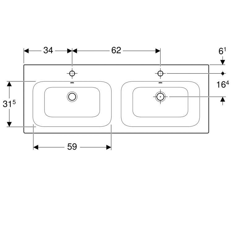 Двойная раковина Geberit Renova Plan Slim 130х48 см, с отв. под смеситель, с переливом [122230000]