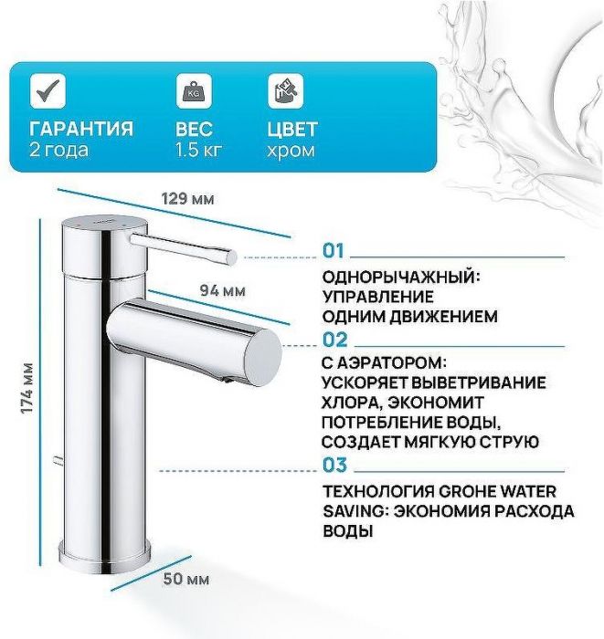 Смеситель для раковины Grohe Essence New 23379001 Хром