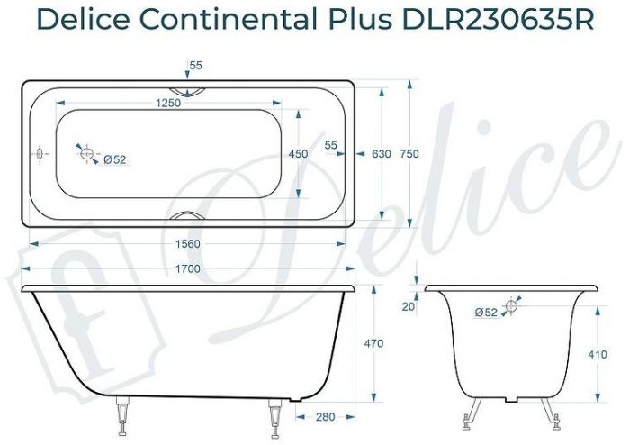 Чугунная ванна Delice Continental PLUS 170х75 DLR230635R с отверстиями под ручки без антискользящего покрытия