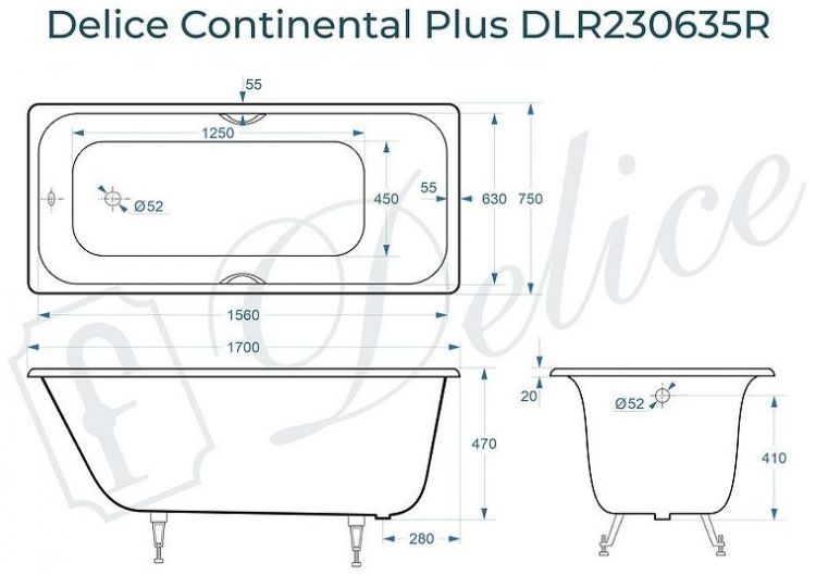 Чугунная ванна Delice Continental PLUS 170х75 DLR230635R с отверстиями под ручки без антискользящего покрытия
