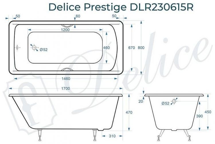 Чугунная ванна Delice Prestige 170х80 DLR230615R с отверстиями под ручки без антискользящего покрытия