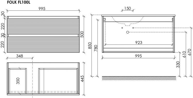 Тумба подвесная SANCOS под раковину левая Folk, Ergraut soft 995х445х500, FL100LES