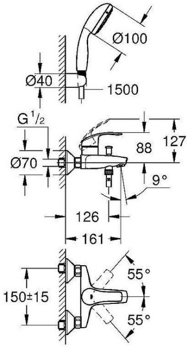 Смеситель для ванны Grohe Eurosmart 3330220A Хром