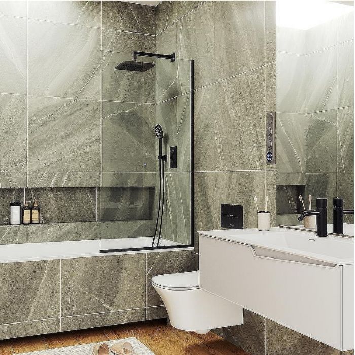 Шторка на ванну Maybah Glass MGV-59-6у 600x1400 в узком профиле Черный стекло прозрачное