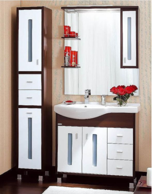 Зеркало со шкафом Бриклаер Бали 90 R 4627125411861 с подсветкой Венге Белое глянцевое