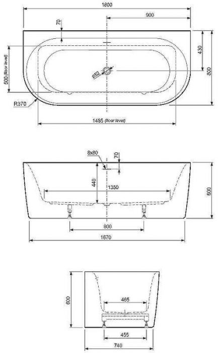 Акриловая ванна Cezares Metauro 180x80 METAURO-INT-Wall-180-80-60-B-W-MATT Черная матовая Белая матовая без гидромассажа
