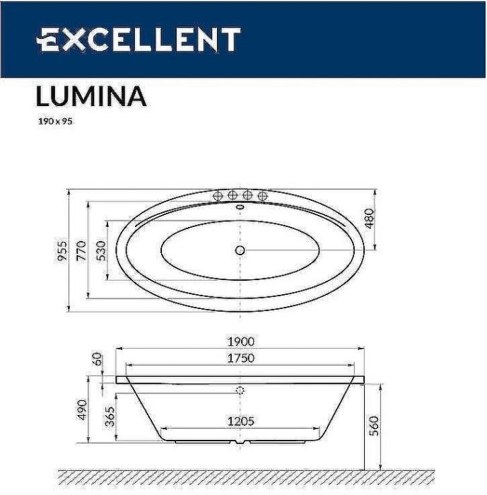 Акриловая ванна Excellent Lumina 190x95 WAEX.LUM19.RELAX.CR с гидромассажем