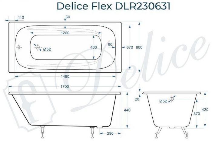 Чугунная ванна Delice Flex 170х80 DLR230631 без отверстий под ручки и антискользящего покрытия