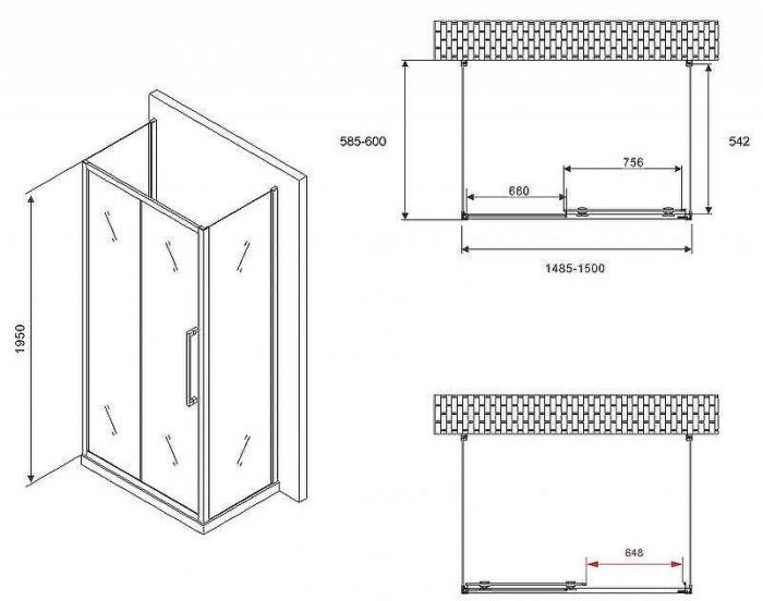 Душевой уголок Abber Schwarzer Diamant 150x60 AG30150BH-S60B-S60B профиль Черный стекло прозрачное