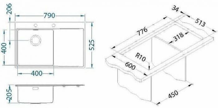 Кухонная мойка Alveus Pure 40L KMB-90 790x525 1103610 Брашированная сталь