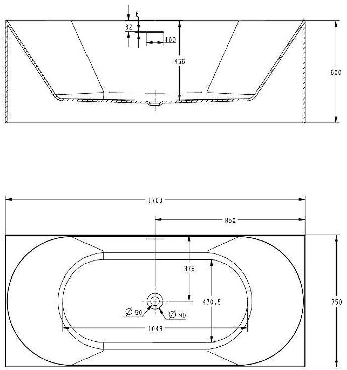 Акриловая ванна Abber AB9281 170х75 без гидромассажа