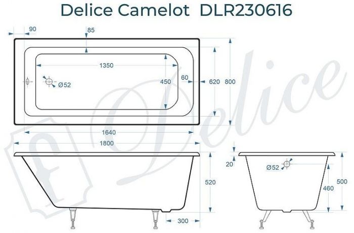 Чугунная ванна Delice Camelot 180х80 DLR230616 без отверстий под ручки и антискользящего покрытия