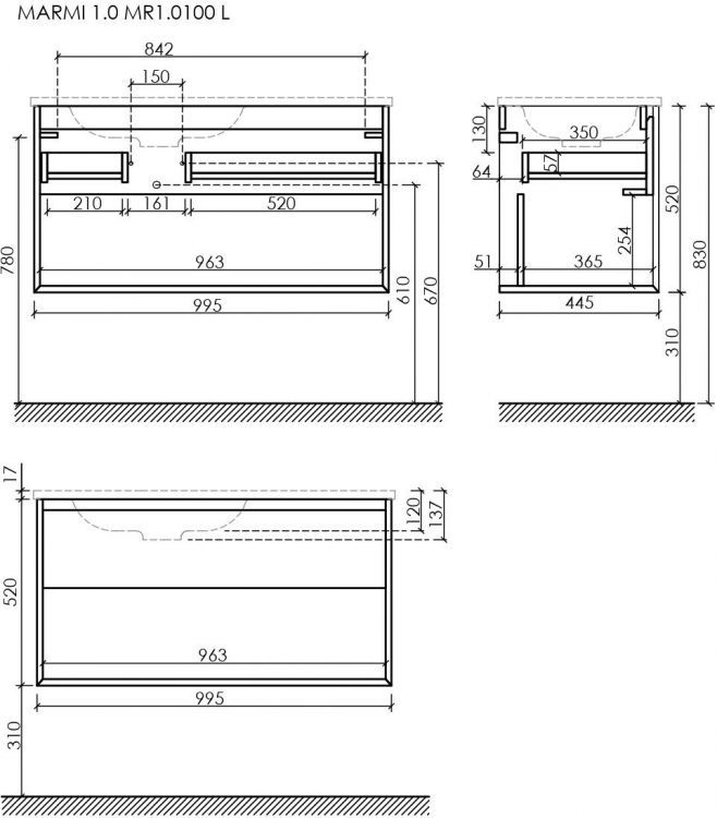 Тумба подвесная SANCOS под раковину левая Marmi 1.0, дуб галифакс натуральный 995х445х520, MR1.0100LEG