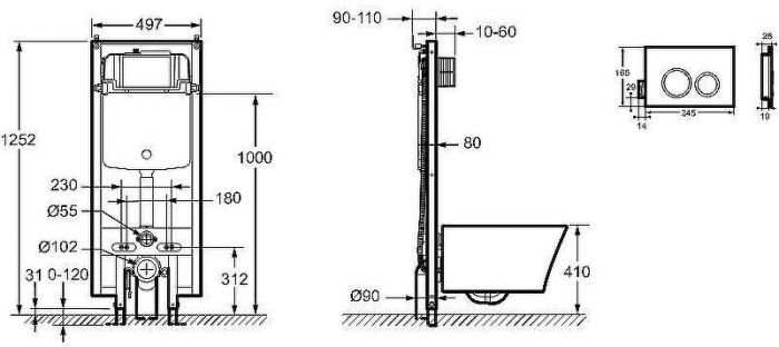 Комплект унитаза биде с инсталляцией Jacob Delafon Seine E34360-00 с сиденьем Микролифт и Белой глянцевой клавишей смыва