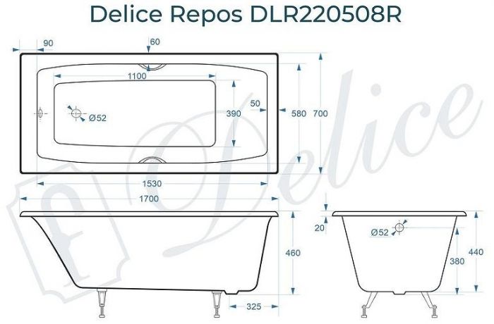 Чугунная ванна Delice Repos 170х70 DLR220508RB с черными матовыми ручками без антискользящего покрытия